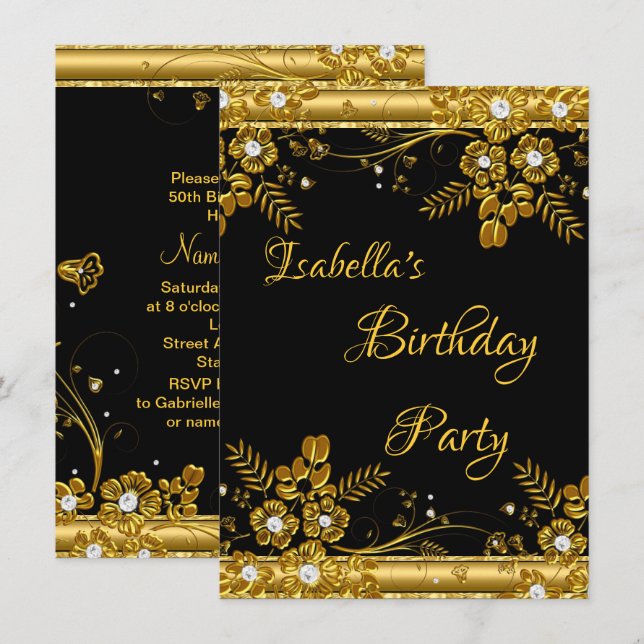 Invitation Anniversaire de la fête Gold Diamant noir floral (Devant / Derrière)