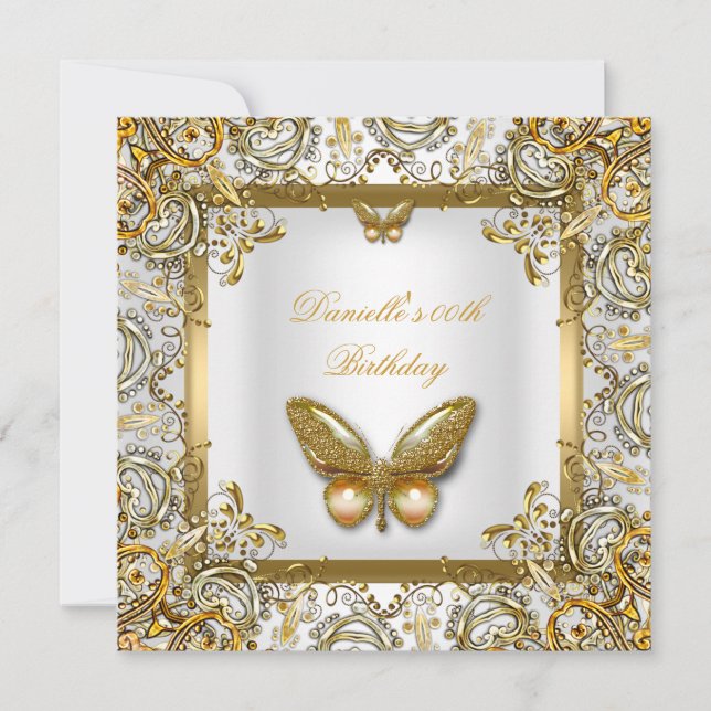 Invitation Anniversaire de la fête Gold White Butterfly Lace  (Devant)
