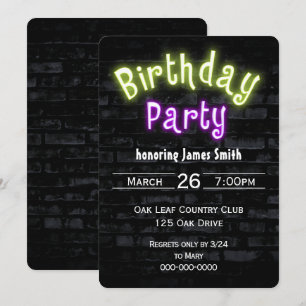 Invitation Anniversaire de la fête Neon Llow Connexion sur mu