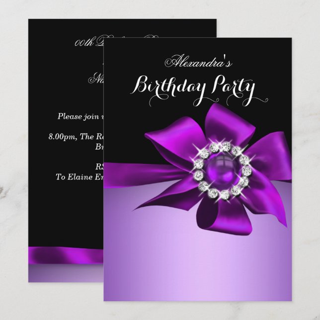 Invitation Anniversaire de la fête violet Pearl Diamond Bow (Devant / Derrière)