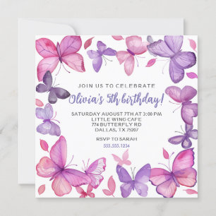 Invitation Anniversaire de la fille aux papillons violet et r