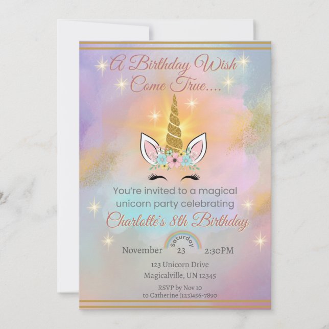 Invitation Anniversaire de la fille de la licorne magique (Devant)