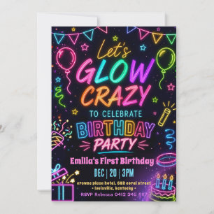 Invitation Anniversaire de la fille folle de Glow