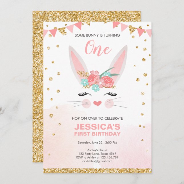 Invitation Anniversaire de la fille rose de Pâques de Bunny (Devant / Derrière)