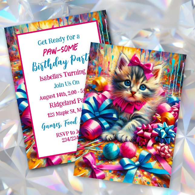 Invitation Anniversaire de la fille rose et bleu Kitten (Créateur téléchargé)