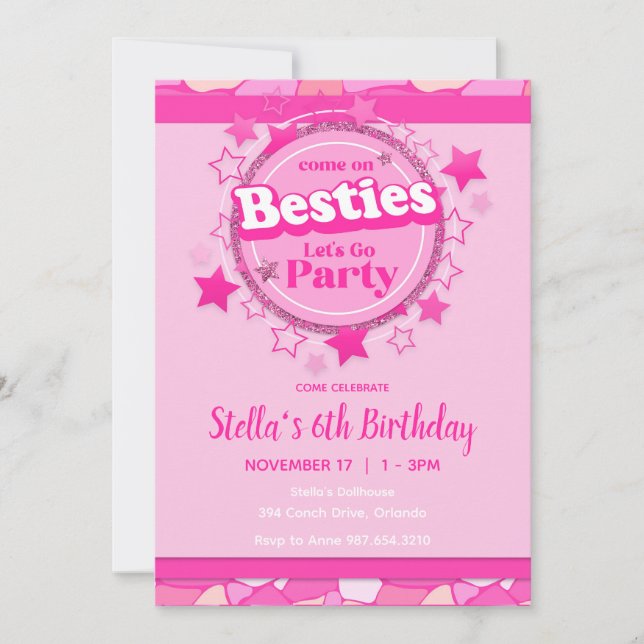Invitation Anniversaire de la fille rose, fête des Besties ro (Devant)