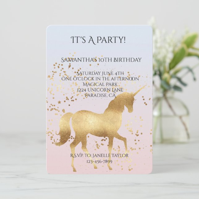 Invitation Anniversaire de la licorne d'or magique (Debout devant)