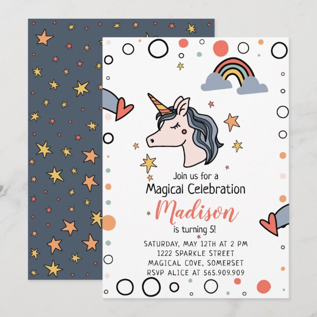 Invitation Anniversaire de la licorne magique (Devant / Derrière)