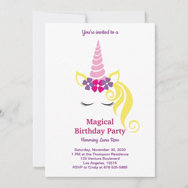 Invitation Anniversaire de la licorne magique (Devant)