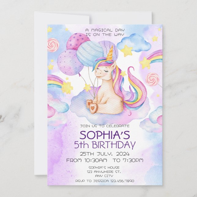 Invitation Anniversaire de la licorne magique Arc  (Devant)