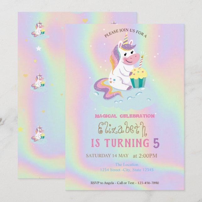 Invitation Anniversaire de la licorne magique arc-en-ciel (Devant / Derrière)