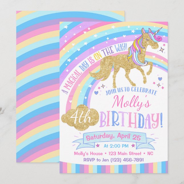 Invitation Anniversaire de la licorne magique Invi (Devant / Derrière)