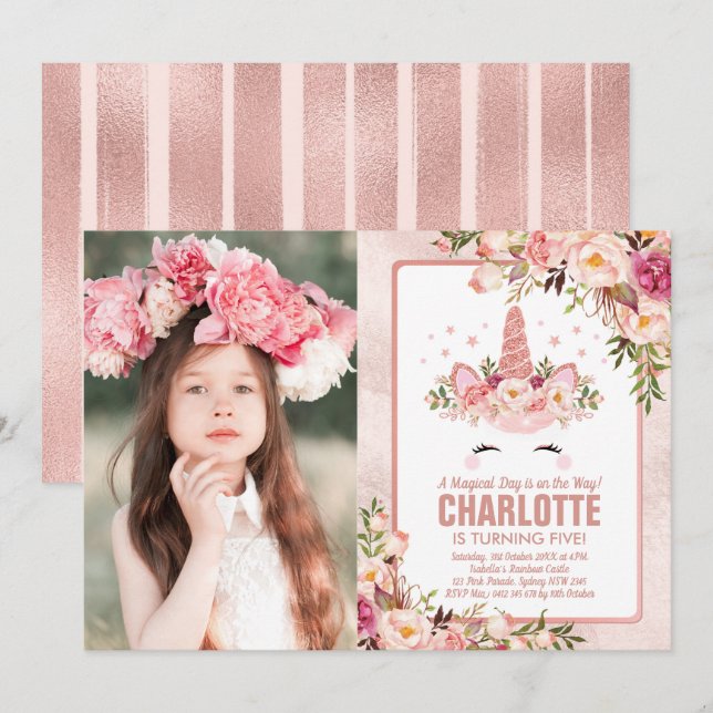 Invitation Anniversaire de la licorne magique / Joli Rose or  (Devant / Derrière)