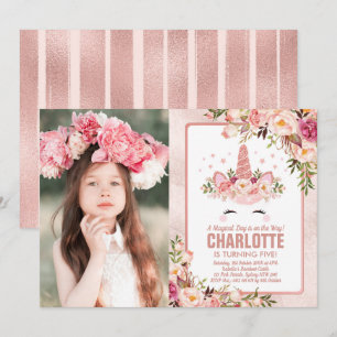 Invitation Anniversaire de la licorne magique / Joli Rose or 