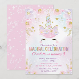 Invitation Anniversaire de la licorne magique / Pastel rose v