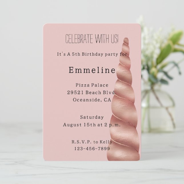 Invitation Anniversaire de la licorne or rose pâle (Debout devant)