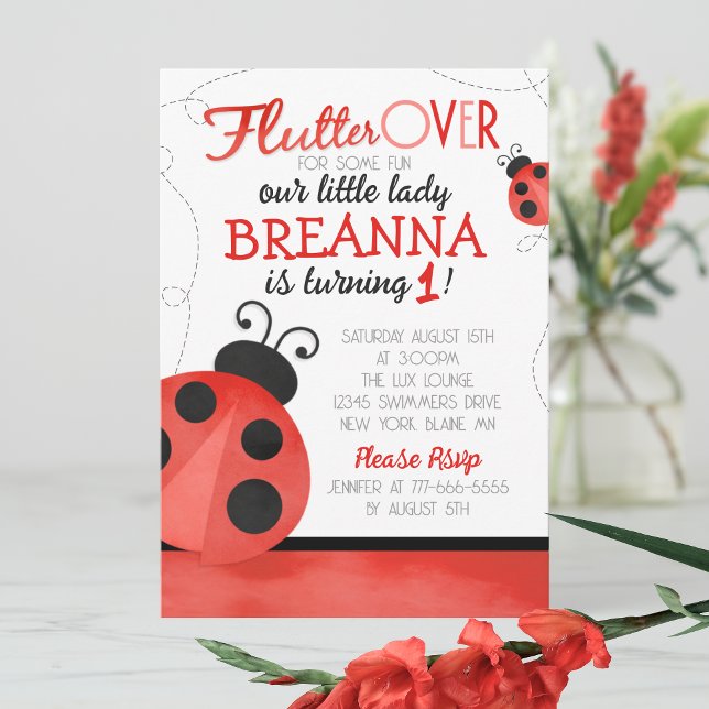 Invitation Anniversaire de la lotte d'aquarelle (Sweet Ladybug No Photo Birthday Invitation. Available Printed or Digital Download)
