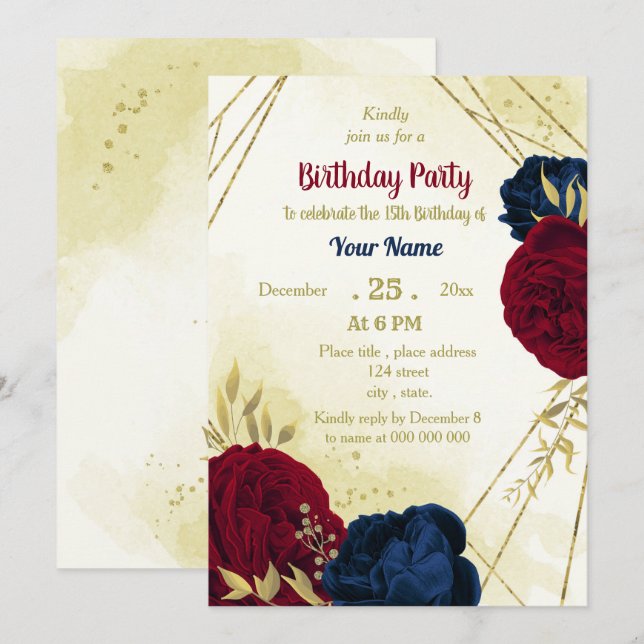 Invitation anniversaire de la marine rouge fleurs or feuille (Devant / Derrière)