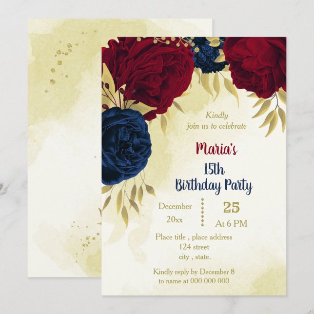 Invitation anniversaire de la marine rouge fleurs or feuille (Devant / Derrière)