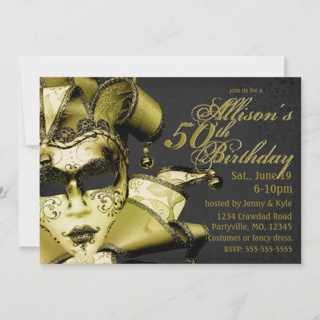 Invitation Anniversaire de la mascarade en or brossé (Devant)