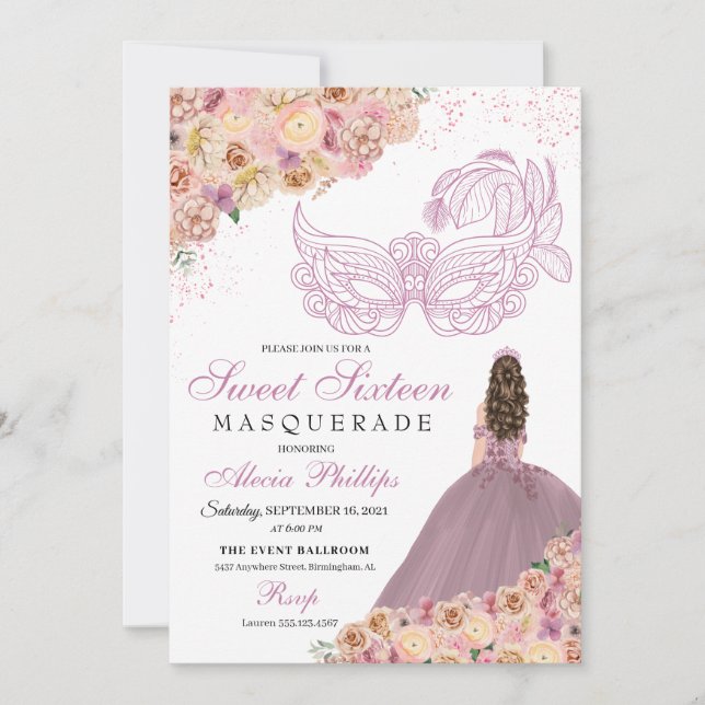 Invitation Anniversaire de la mascarade florale rose pâle (Devant)