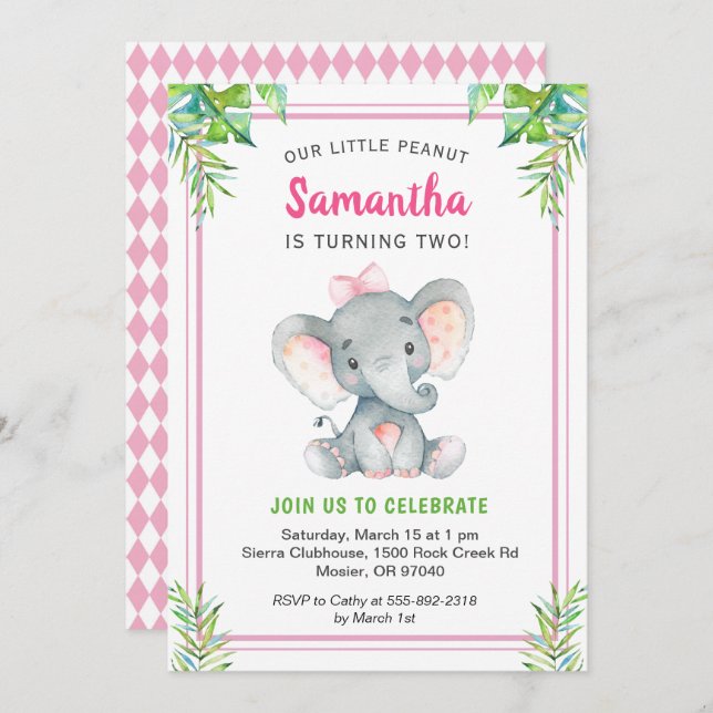 Invitation Anniversaire de la Petite Fille des Éléphants rose (Devant / Derrière)