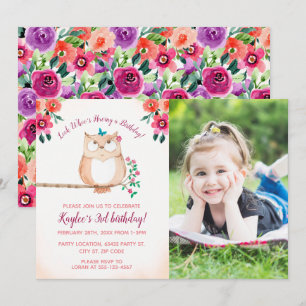 Invitation Anniversaire de la photo Floral Owl