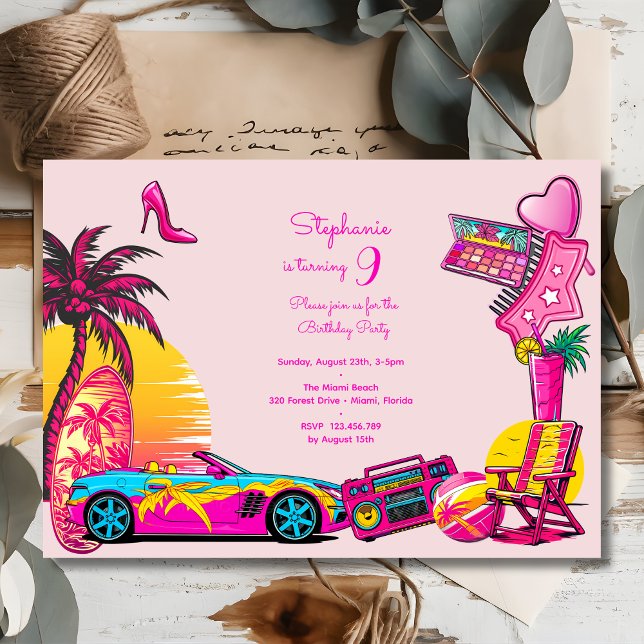 Invitation anniversaire de la poupée rose de Miami (Créateur téléchargé)