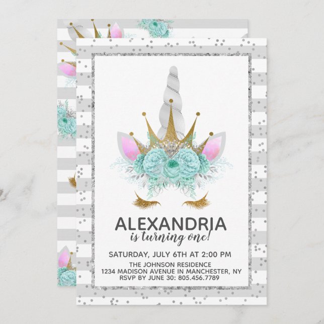 Invitation Anniversaire de la princesse licorne argent et or  (Devant / Derrière)