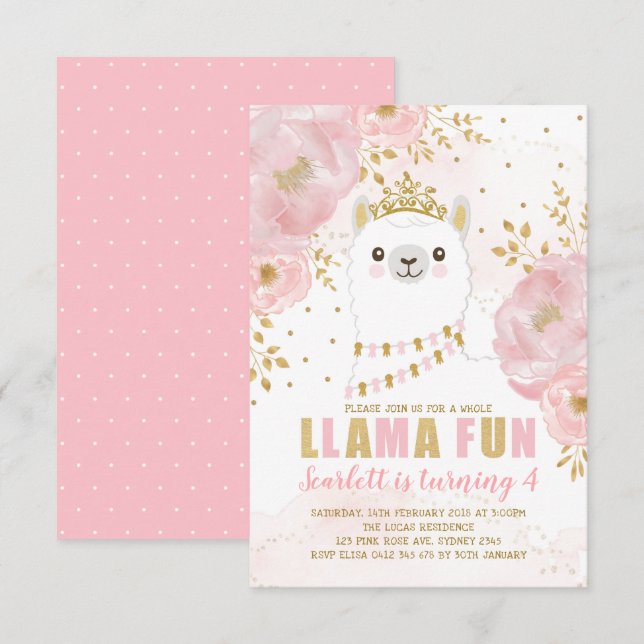 Invitation Anniversaire de la Princesse Llama / Fête de l'or  (Devant / Derrière)