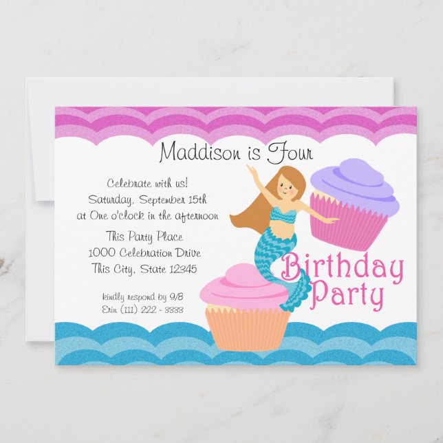 Invitation Anniversaire de la sirène et des gâteaux (Devant)