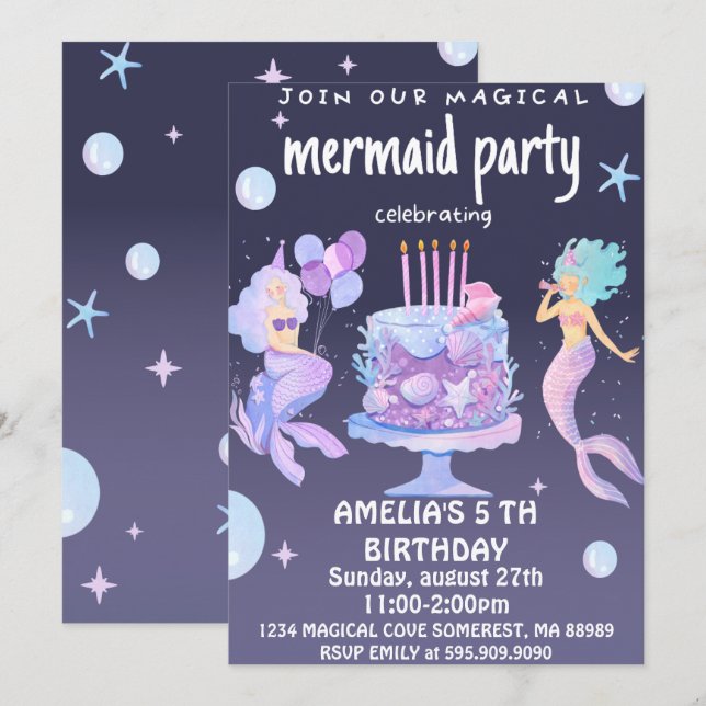 Invitation Anniversaire de la sirène magique (Devant / Derrière)