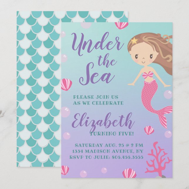 Invitation Anniversaire de la sirène "Sous la mer" (Devant / Derrière)
