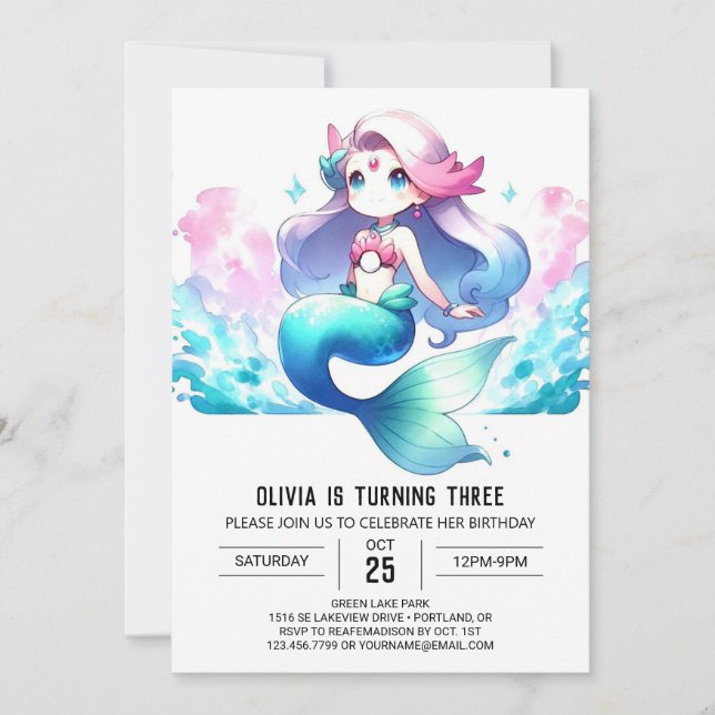 Invitation Anniversaire de la sirène Whimsy numérique (Devant)