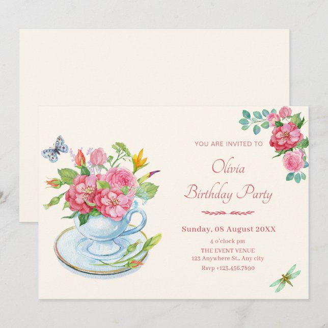 Invitation anniversaire de la tasse de thé florale (Devant / Derrière)