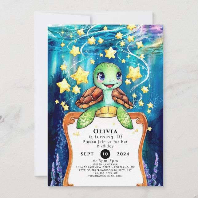Invitation Anniversaire de la tortue d'aquarelle enchantée (Devant)