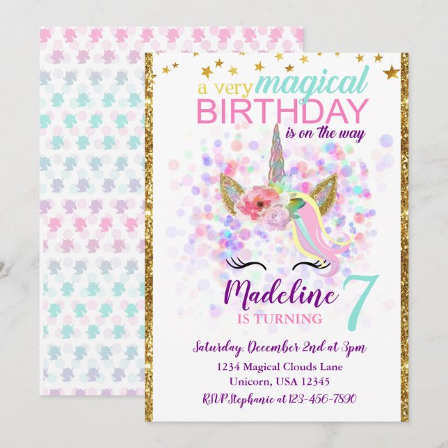 Invitation Anniversaire de la Unicorne Célébration (Devant / Derrière)