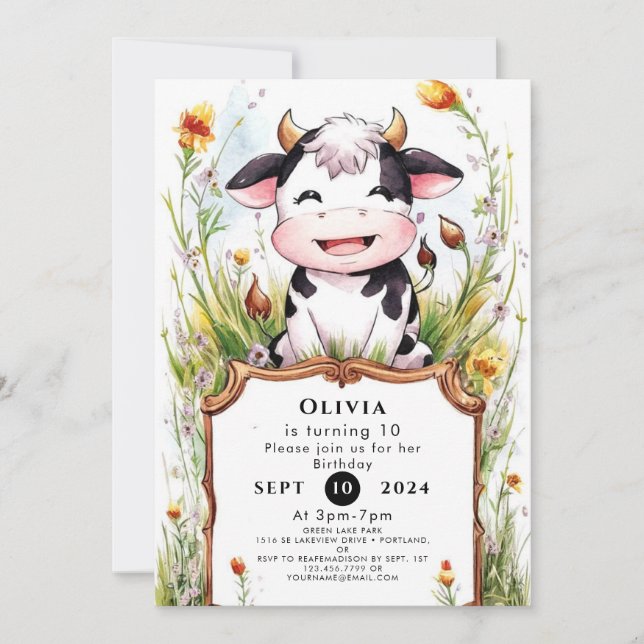 Invitation Anniversaire de la vache de Boho Pastel (Devant)