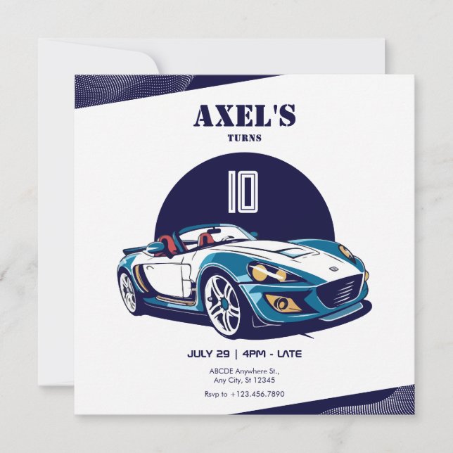 Invitation anniversaire de la voiture Blue Sport (Devant)