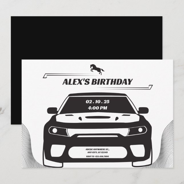 Invitation Anniversaire de la voiture Mustang noir et blanc (Devant / Derrière)