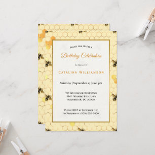 Invitation Anniversaire de l'abeille Gold tendance 