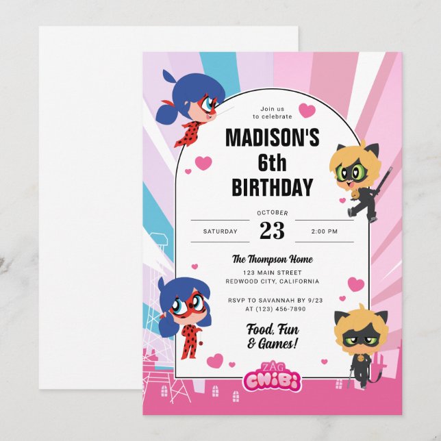 Invitation Anniversaire de Ladybug et de Cat Noir Chibi (Devant / Derrière)