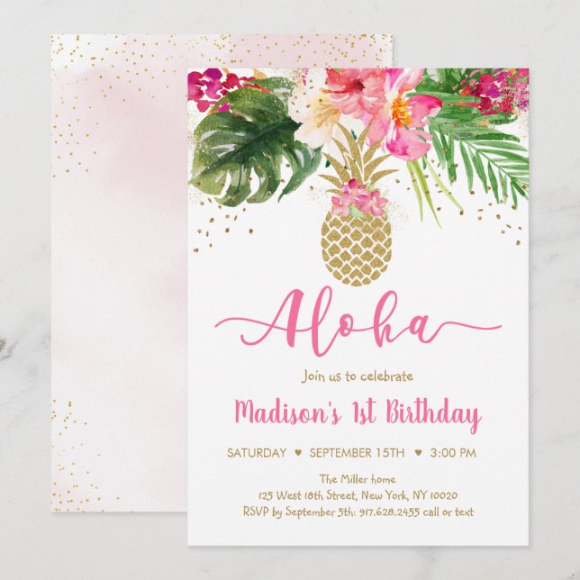Invitation Anniversaire de l'Aloha Floral Pineappa Rose (Devant / Derrière)