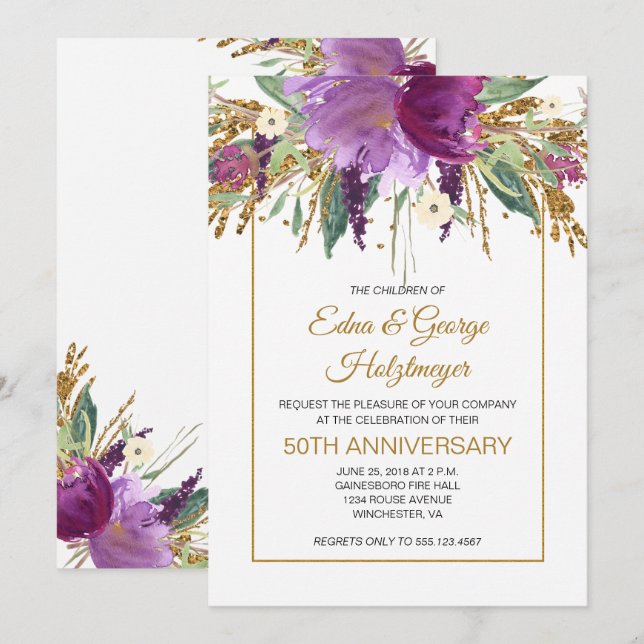 Invitation Anniversaire de l'Améthyste pourpre et de l'Or 50e (Devant / Derrière)