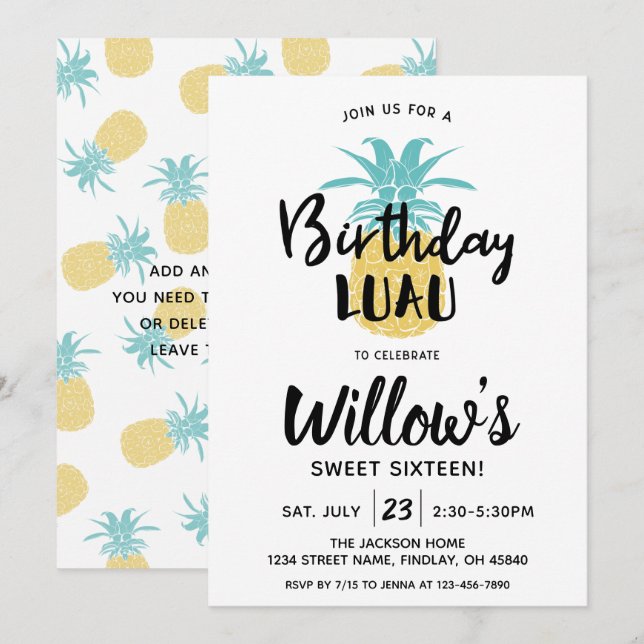 Invitation Anniversaire de l'ananas Luau Party, tout âge (Devant / Derrière)