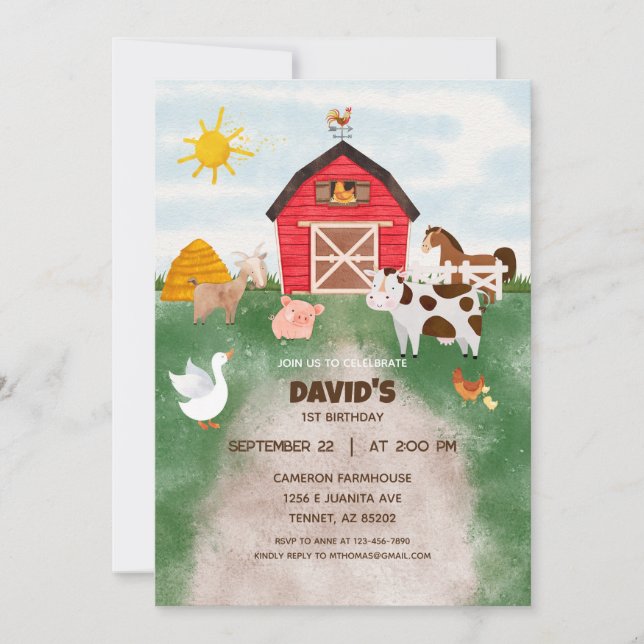 Invitation Anniversaire de l'animal de ferme Watercolor (Devant)
