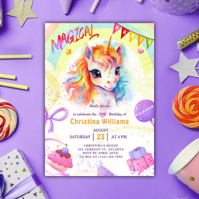 Invitation Anniversaire de l'arc-en-ciel violet Unicorne (Unicorn Purple Rainbow Birthday Invitation)