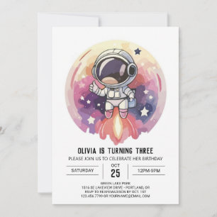 Invitation Anniversaire de l'astronaute d'aventure rose encha