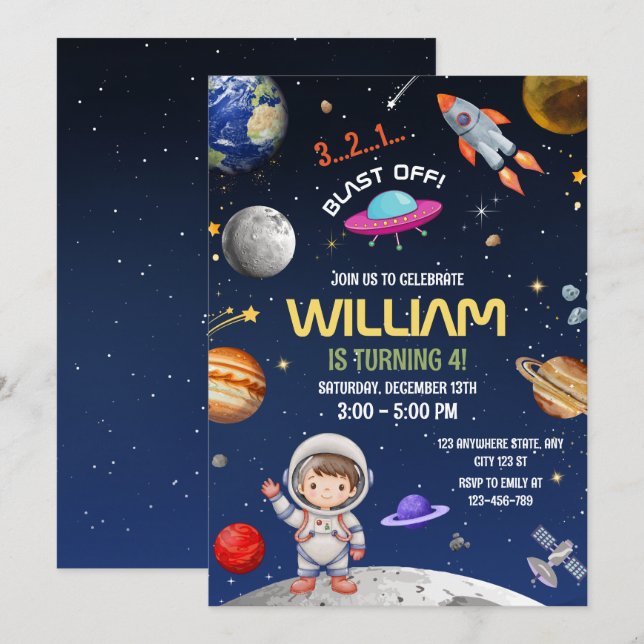 Invitation Anniversaire de l'astronaute, explosion de galaxie (Devant / Derrière)