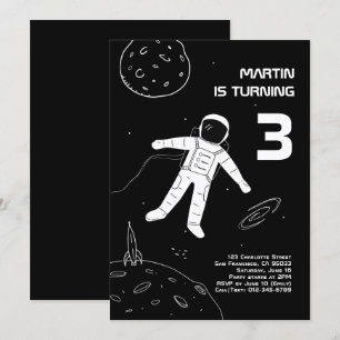 Invitation Anniversaire de l'astronaute moderne noir et blanc